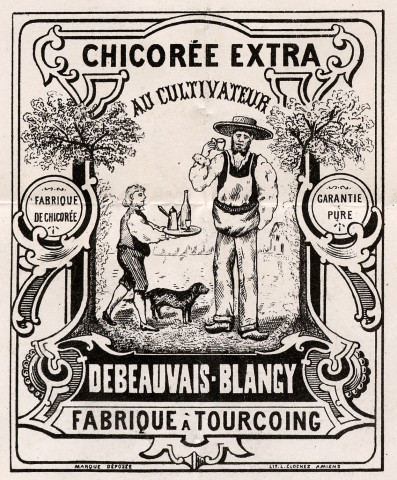 Dépôt de marque et de brevet. Modèle d'étiquette pour la chicorée "au cultivateur" fabriquée par Debeauvais et Blangy à Tourcoing