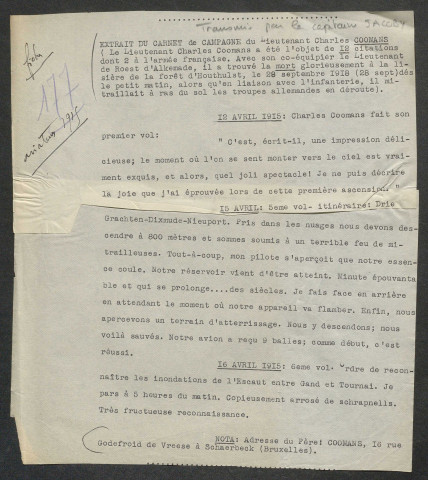 Témoignage de Coomans, Charles (Lieutenant aviateur) et correspondance avec Jacques Péricard