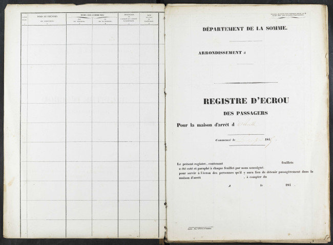 Maison d'arrêt d'Abbeville. Passagers. Registre d'écrou : sans numéro. 31 mars 1845 - 25 décembre 1855