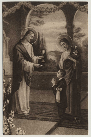 Le Christ donnant la communion à un enfant accompagné de saint Joseph