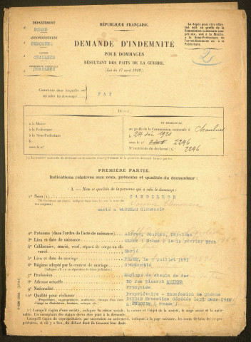 Fay. Demande d'indemnisation des dommages de guerre : dossier Candillon-Vasseur