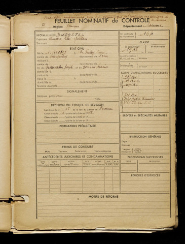 Ducastel, André Eloi Gaëtan, né le 01 décembre 1898 à Frestoy-Vaux (Le) (Oise), classe 1918, matricule n° 164, Bureau de recrutement de Péronne