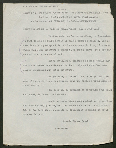 Témoignage de Fossé, Victor et correspondance avec Jacques Péricard