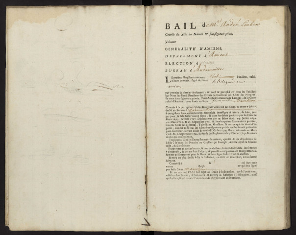 Contrôle des actes du bureau d'Andainville pour la période du 1er janvier 1739 au 30 octobre 1940