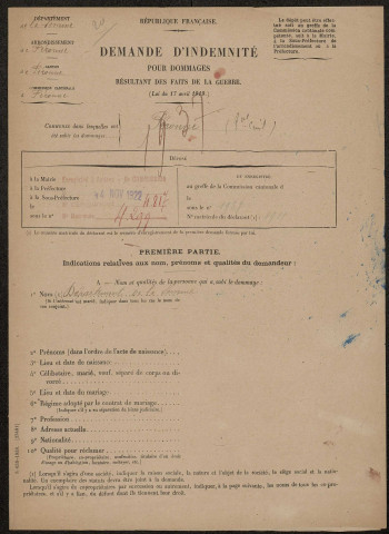 Péronne. Demande d'indemnisation des dommages de guerre : dossier Département de la Somme (bibliothèque du tribunal civil)