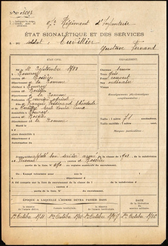 Cuvillier, Gustave Fernand, né le 16 septembre 1888 à Rouvroy (Somme), classe 1908, matricule n° 290, Bureau de recrutement de Péronne