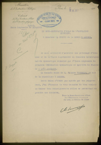 Picardie. « Union régionale gymnastique et sportive de Picardie », « Fédération des sociétés de gymnastiques de la 2e région »