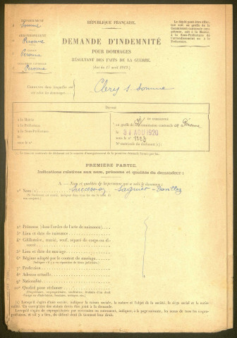 Cléry-sur-Somme. Demande d'indemnisation des dommages de guerre : dossier Sagnier-Dovillez