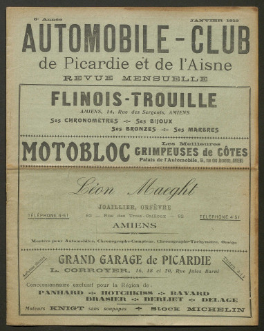 Automobile-club de Picardie et de l'Aisne. Revue mensuelle, 8e année, janvier 1912