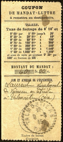 Lettre mandat de 40 francs adressée à Madame Veuve Pailler par le lieutenant de vaisseau en retraite Laurent, résidant à Talmontiers (Oise)