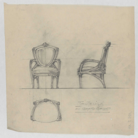 Fauteuils, de face, de profil et de haut, du Grand Salon de l'Hôtel Bouctot-Vagniez