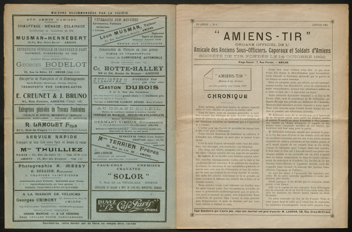 Amiens-tir, organe officiel de l'amicale des anciens sous-officiers, caporaux et soldats d'Amiens, numéro 1 (janvier 1923)