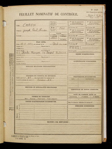 Caron, Joseph Paul Lucien, né le 18 janvier 1893 à Berck (Pas-de-Calais), classe 1913, matricule n° 846, Bureau de recrutement d'Amiens