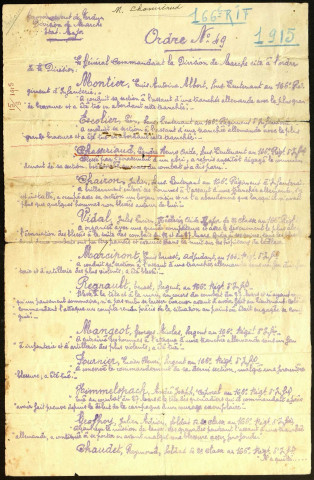 Ordre n° 49 de la Division de Marche du 15 mai 1915 où figure notamment la citation au nom du sous-lieutenant Chassériaud