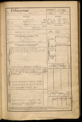 Thomas, Eugène Charles, né le 07 février 1869 à Combles (Somme), classe 1889, matricule n° 1139, Bureau de recrutement de Péronne