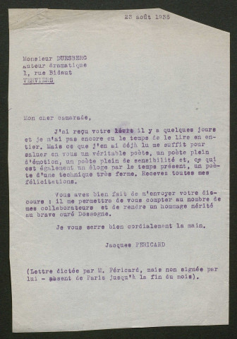 Témoignage de Duesberg, Edmond (Auteur dramatique) et correspondance avec Jacques Péricard