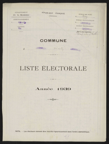 Liste électorale : Argoules, 1ère Section