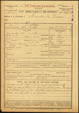 Dubois, Jules Camille, né le 04 mai 1892 à Corbie (Somme), classe 1912, matricule n° 73, Bureau de recrutement d'Amiens