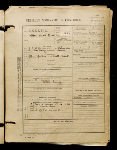 Louette, Albert Ernest Hector, né le 17 juin 1891 à Rubempré (Somme), classe 1911, matricule n° 1429, Bureau de recrutement d'Amiens