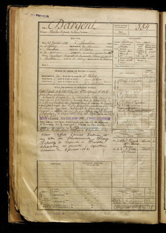 Dargent, Charles Auguste Vincent, né le 22 janvier 1899 à Lanchères (Somme), classe 1919, matricule n° 584, Bureau de recrutement d'Abbeville