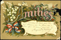 Carte postale intitulée "Amitiés" représentant un noeud tricolore, du muguet et du houx. Correspondance de Raymond Paillart à son fils