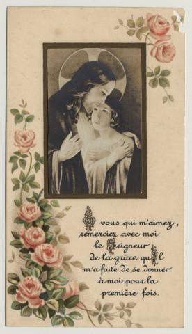 O vous qui m'aimez, remerciez avec moi le Seigneur de la grâce qu'il m'a faite de se donner à moi pour la première fois. Le Christ et un enfant