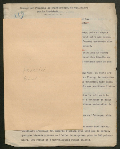 Témoignage de Hourtin, Ferdinand et correspondance avec Jacques Péricard