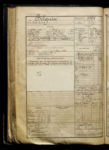 Belguise, Irénée Emile, né le 20 mai 1898 à Bouttencourt (Somme), classe 1918, matricule n° 1198, Bureau de recrutement d'Abbeville