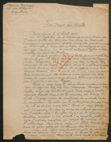 Témoignage de Doumont, Marius (Sergent) et correspondance avec Jacques Péricard