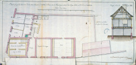 Plan et coupe des casernes de la maréchaussée de la ville de Ham, avec le projet pour relever d'un étage l'aile à l'est de ce batiment