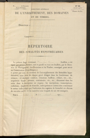 Répertoire des formalités hypothécaires, du 31/01/1907 au 12/07/1907, registre n° 351 (Péronne)