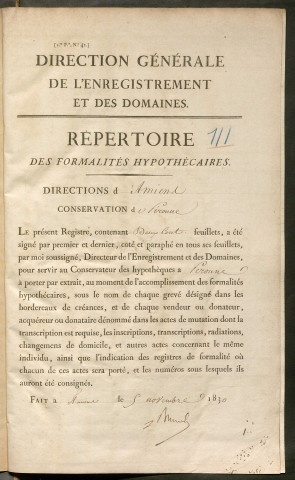 Répertoire des formalités hypothécaires, du 16/03/1831 au 26/09/1831, registre n° 111 (Péronne)