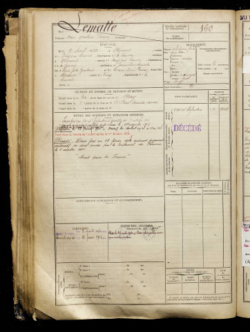 Lematte, Marc Gustave Firmin, né le 07 avril 1893 à Morcourt (Somme), classe 1913, matricule n° 160, Bureau de recrutement de Péronne