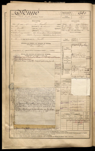 Senné, Charles Joseph Gustave, né le 15 mai 1871 à Combles (Somme), classe 1891, matricule n° 620, Bureau de recrutement de Péronne