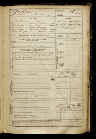 Gaillet, Maurice, né le 18 juillet 1882 à Amiens (Somme), classe 1902, matricule n° 1423, Bureau de recrutement d'Amiens