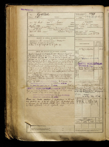 Gallet, Robert, né le 29 avril 1894 à Amiens (Somme), classe 1914, matricule n° 1198, Bureau de recrutement d'Amiens