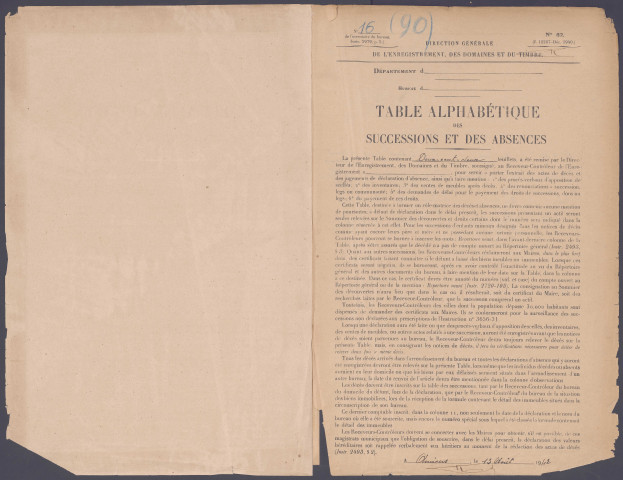 Table des successions et absences du bureau de Villers-Bocage