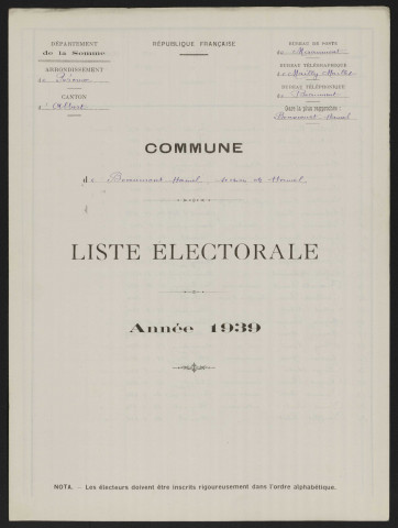 Liste électorale : Beaumont-Hamel, Section du Hamel