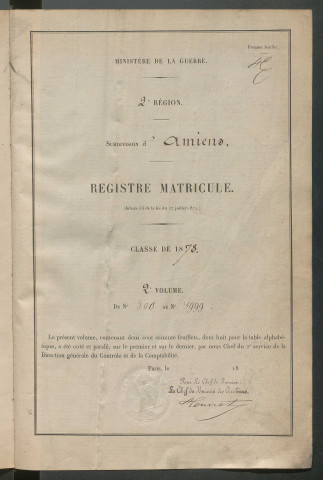 Amiens : feuillets matricules n° 500 à 999 de la classe 1878