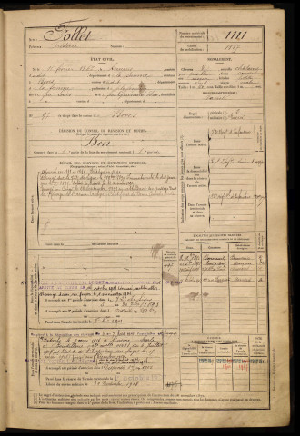 Follet, Frédéric, né le 11 février 1867 à Amiens (Somme), classe 1887, matricule n° 1111, Bureau de recrutement d'Amiens