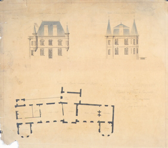 Château, projet de restauration : plan du rez-de-chaussée et élévation des façades par l'architecte Delefortrie