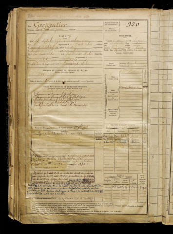 Carpentier, Louis Albert Pierre, né le 13 septembre 1878 à Boulogne-sur-Mer (Pas-de-Calais), classe 1898, matricule n° 920, Bureau de recrutement d'Amiens