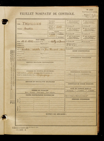 Thuillier, Aristide, né le 13 janvier 1893 à Ailly-sur-Somme (Somme), classe 1913, matricule n° 509, Bureau de recrutement d'Amiens