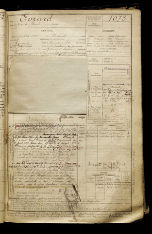 Evrard, Emile Paul, né le 05 juillet 1885 à Breteuil (Oise), classe 1905, matricule n° 1073, Bureau de recrutement d'Amiens