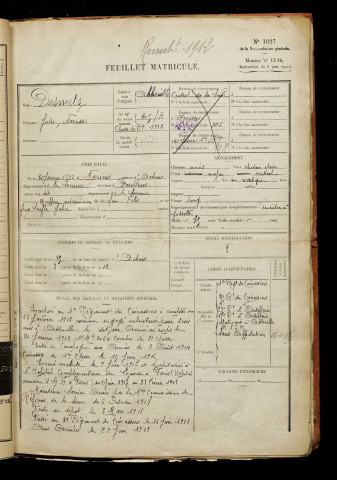 Desmetz, Jules Narcisse, né le 31 janvier 1892 à Acheux-en-Amiénois (Somme), classe 1912, matricule n° 305, Bureau de recrutement d'Abbeville