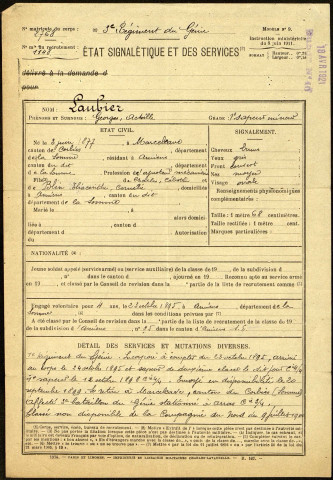 Laubier, Georges Achille, né le 03 juin 1877 à Marcelcave (Somme), classe 1897, matricule n° 1148, Bureau de recrutement d'Amiens