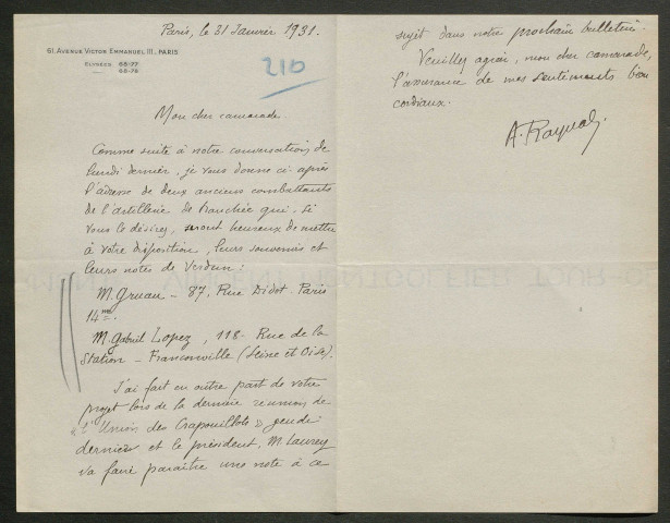 Témoignage de Raynal, A. (Commandant) et correspondance avec Jacques Péricard