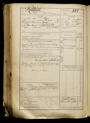Rettéré, Louis, né le 02 juin 1889 à Ham (Somme), classe 1909, matricule n° 852, Bureau de recrutement de Péronne