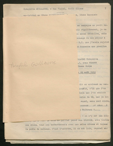 Témoignage de Guillaume, Théophile (Caporal) et correspondance avec Jacques Péricard
