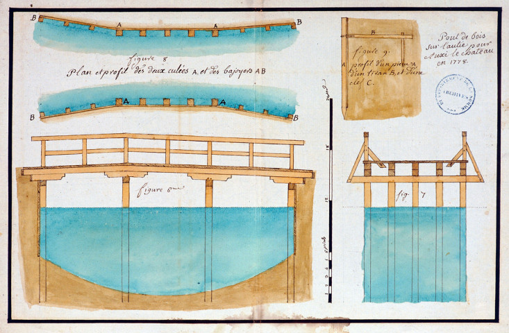 Plan et profil d'ouvrages d'art : pont de bois, pont de briques et écluse